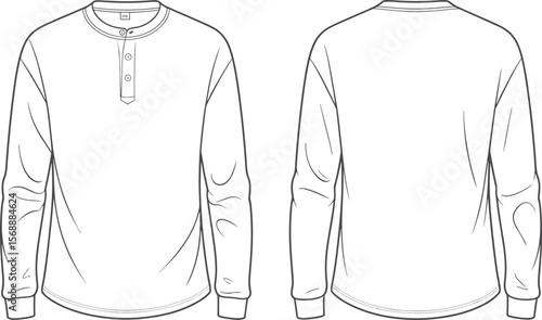 Men's long sleeve Henley shirt fashion flat sketch, front and back view, ideal for clothing design, sewing, and pattern making. flat vector illustration
