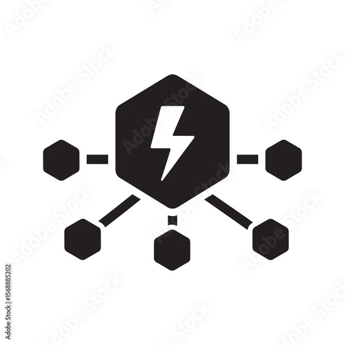Energy distribution network icon with lightning bolt symbol representing a smart grid power system and electricity infrastructure for modern technology vector solid glyph