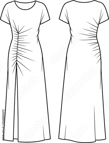 Vector flat sketch of ruched maxi dress with short sleeves, front slit, back view, for women’s fashion design template flat vector illustration