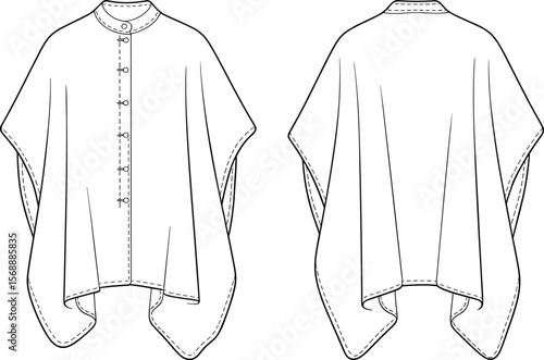 Vector flat sketch of asymmetrical hem poncho coat with front button closure, stand collar, fashion design technical drawing template flat vector illustration