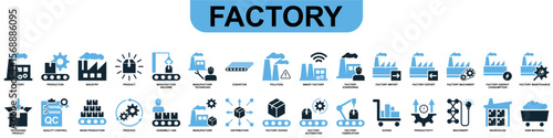 Set of factory icon vector, offering diverse industrial symbols for various manufacturing themes. Ideal for comprehensive representations of production, industry, and industrial parks.