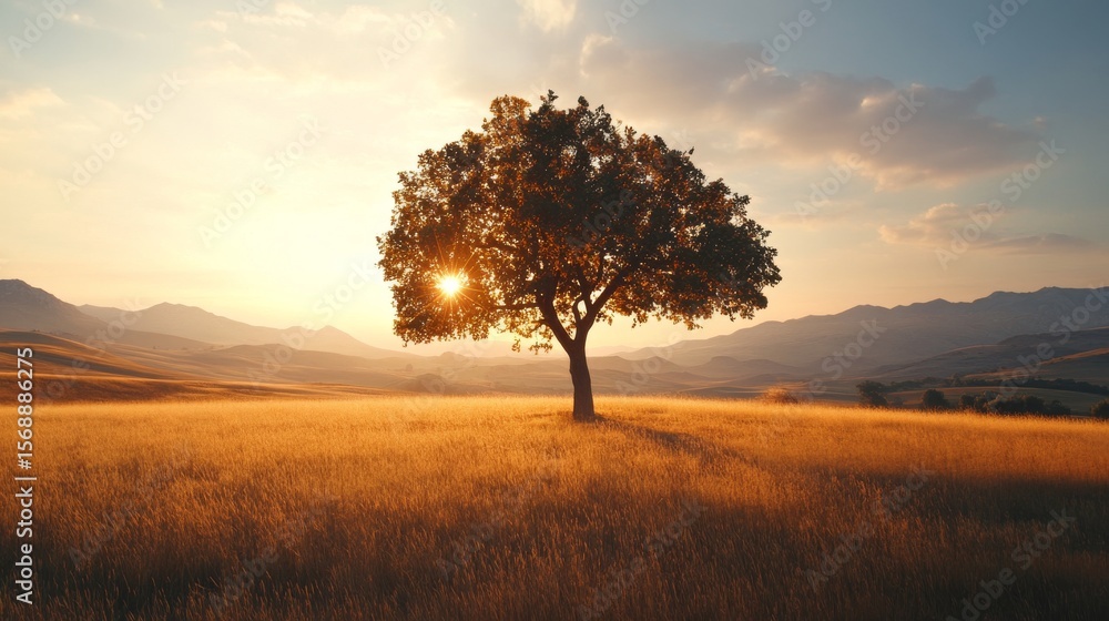 Obraz premium A lone tree stands in a field at sunset, with mountains in the background.
