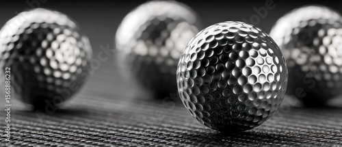 Close up view of four metallic golf balls on a textured surface sport club