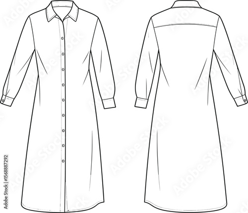 Women's shirt dress flat sketch, technical fashion template, long sleeve button down, vector illustration for apparel design and garment detailing flat vector illustration