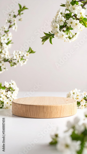 Aesthetic podium, designed to showcase a skincare product. The backdrop features a soft cream color, complemented by delicate white and green flowers that add a fresh natural touch. Beauty Template