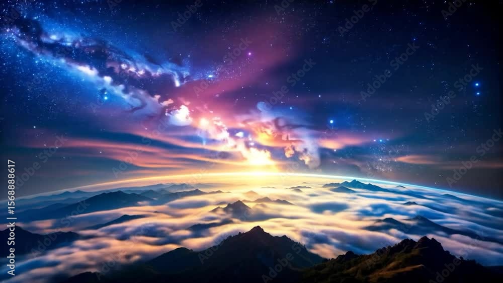 Celestial sunrise over a mountain range, with a vibrant mix of stars and clouds Celestial sunrise over a mountain range, with a vibrant mix of stars and clouds