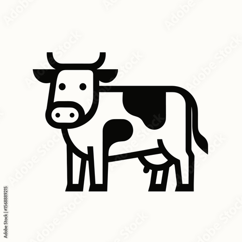 A cartoon cow with bold black patches, short horns, and a tail stands on four legs in a minimal black-and-white line art style.