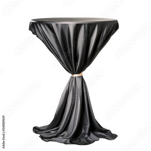 Elegant black satin draped cocktail table with gold band isolated on transparent background
