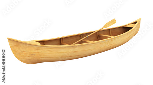 Classic wooden canoe with a paddle, isolated on black background providing a minimalist design