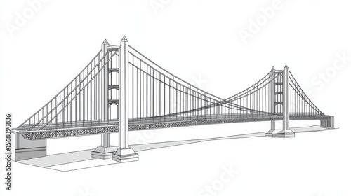 Massive Steel Suspension Bridge Design Over River Isolated on White
