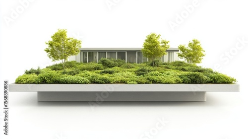 Eco-Conscious Office Building with Green Roof Garden on White Background