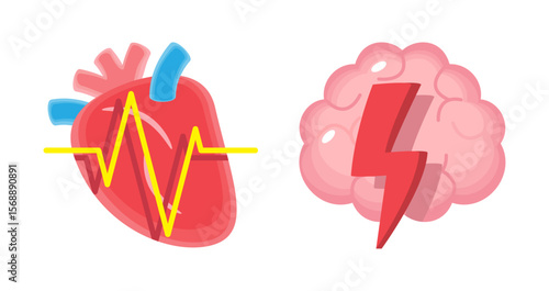 Heart with ECG and Brain with thunderbolt . CPR and first aid emergency rescue concept . Isolated on white background . Vector .