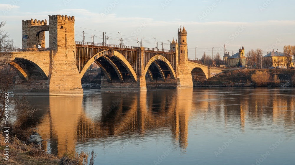 Obraz premium Majestic Steel Bridge with Towers Spanning a Wide River at Dawn