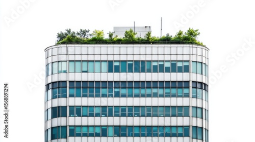 Green Roof Office Building with Diverse Plant Life on White Background