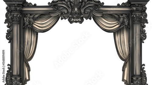 Ornate Baroque Window Frame with Detailed Carvings and Drapery
