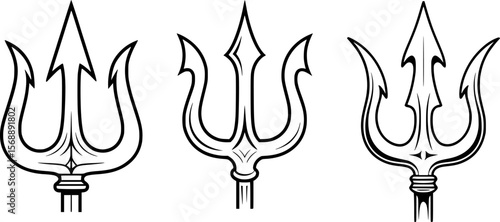 Minimalist Trident Vector Set — Ancient Spear, Harpoon, Pitchfork, Forked Spear, Poseidon and Neptune Symbol, Mythical Sea God Weapon, Tribal Line Art, Editable Black Outline