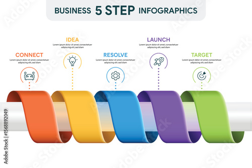 5 Step Ribbon Roll Infographic. 3D Vector Illustration For Business Financial Report.