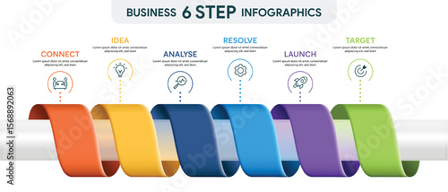 6 Step Ribbon Roll Infographic. 3D Vector Illustration For Business Financial Report.
