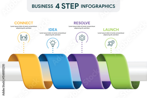 4 Step Ribbon Roll Infographic. 3D Vector Illustration For Business Financial Report.