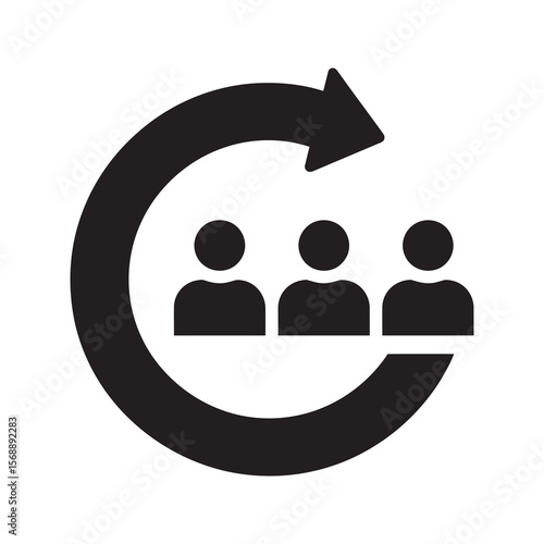Customer lifecycle management icon with team and circular arrow representing client relationship strategy retention and continuous service improvement vector solid glyph