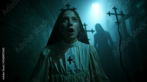 Paranormal. Cinematic scene of a girl in white dress is surrounded by shadowy figures. Horror. Fear intensifies. A frightened person takes a deep breath as she is facing demonic creatures. Spectre