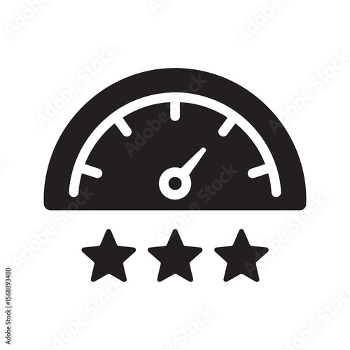Performance meter and rating icon with speedometer and stars representing business metric evaluation quality score and customer satisfaction level vector solid glyph