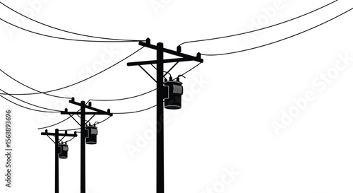 Electric power line poles silhouette vector illustration, utility transmission lines drawing, high voltage electricity distribution grid black design