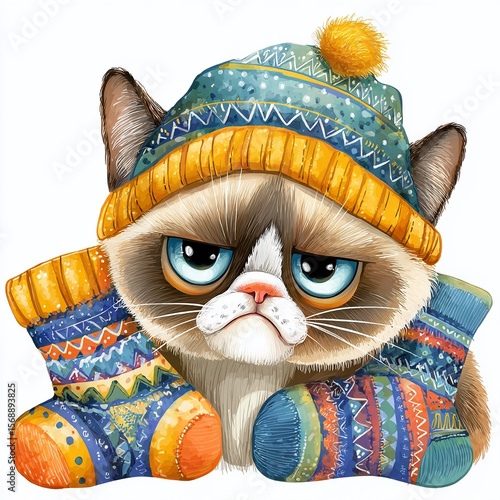 A Tiny Annoyed Kitten Dressed in a Gnome Hat Attempts to Conceal Itself Within Cozy Socks A Whimsical