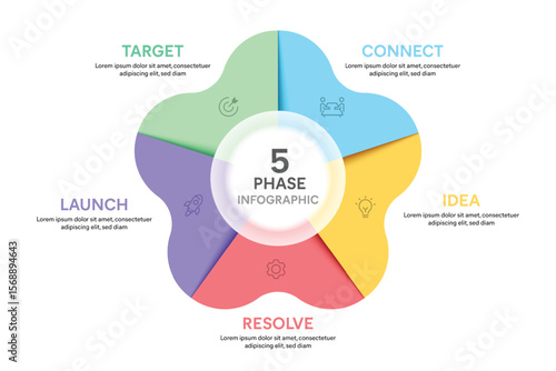 Petal Shape Glassmorphism Infographic Template With 5 Options, Steps, Parts, Segments. Vector Illustration For Business Financial Report.