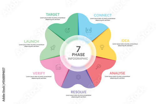 Petal Shape Glassmorphism Infographic Template With 7 Options, Steps, Parts, Segments. Vector Illustration For Business Financial Report.