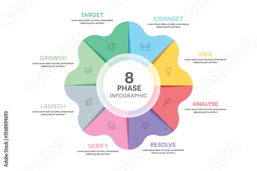 Petal Shape Glassmorphism Infographic Template With 8 Options, Steps, Parts, Segments. Vector Illustration For Business Financial Report.