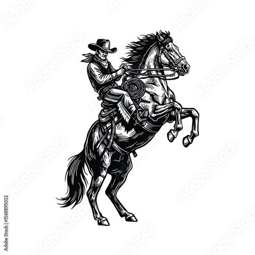 Wild West Cowboy Riding Rearing Horse, Vintage Western Rodeo Illustration
