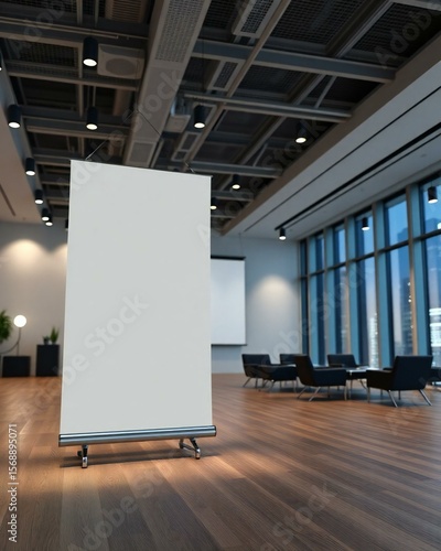 Modern office meeting space with a blank roll up banner and city view
