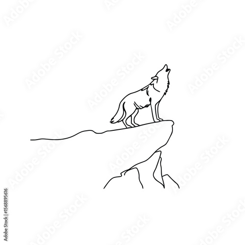 Black line art wolf howling on cliff edge 