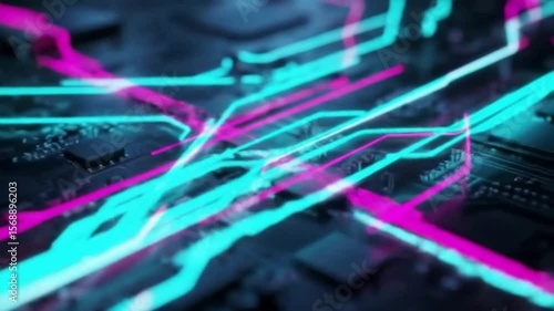 Seamless loop of glowing lines flowing through a stylized circuit board. Tech and network aesthetic for digital visuals.