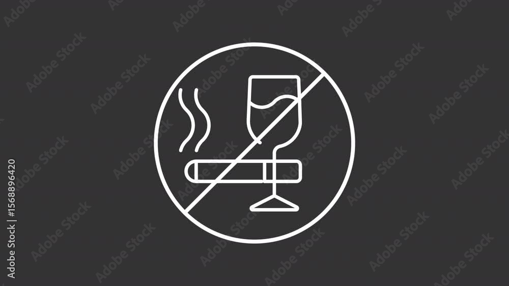 No alcohol and cigarettes white line animation. Avoid alcoholic drinks and nicotine animated icon. Healthy lifestyle routine. Self care. Isolated element on dark background. Alpha transparent video No alcohol and cigarettes white line animation. Avoid alcoholic drinks and nicotine animated icon. Healthy lifestyle routine. Self care. Isolated element on dark background. Alpha transparent video