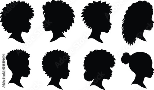 Black woman silhouette hairstyle collection, afro hair profile vector, curly natural beauty illustration, African female head shape clipart design