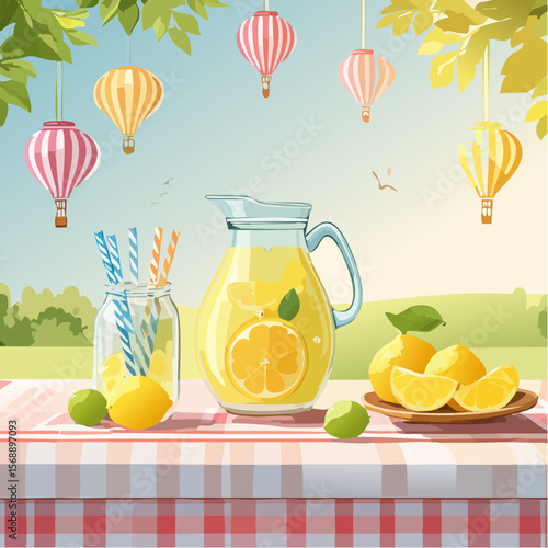 Refreshing lemonade pitcher with sliced lemons and colorful straws on a picnic table, surrounded by vibrant greenery and floating lanterns, evoking a cheerful summer holiday atmosphere
