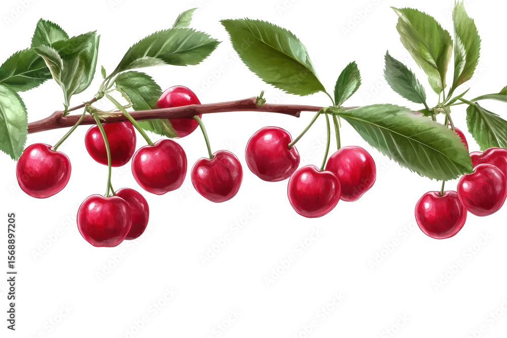 Obraz premium Cherries hanging on a branch with vibrant green leaves in a garden setting during sunny weather