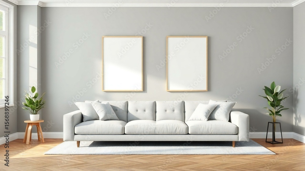 Fototapeta premium Bright and airy living room with white sofa and natural light