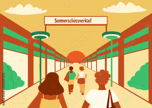 Shoppers walking down a vibrant street with store windows displaying red "Sommerschlussverkauf" signs, enjoying summer sales and discounts in a lively shopping atmosphere
