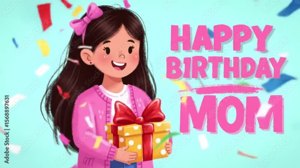 Joyful Little Girl Giving Birthday Gift to Mom with Red Bow and Confetti. Heartwarming Celebration Scene with Happy Birthday Mom Text on Soft Pastel Background for Greeting or Animation Use Joyful Little Girl Giving Birthday Gift to Mom with Red Bow and Confetti. Heartwarming Celebration Scene with Happy Birthday Mom Text on Soft Pastel Background for Greeting or Animation Use
