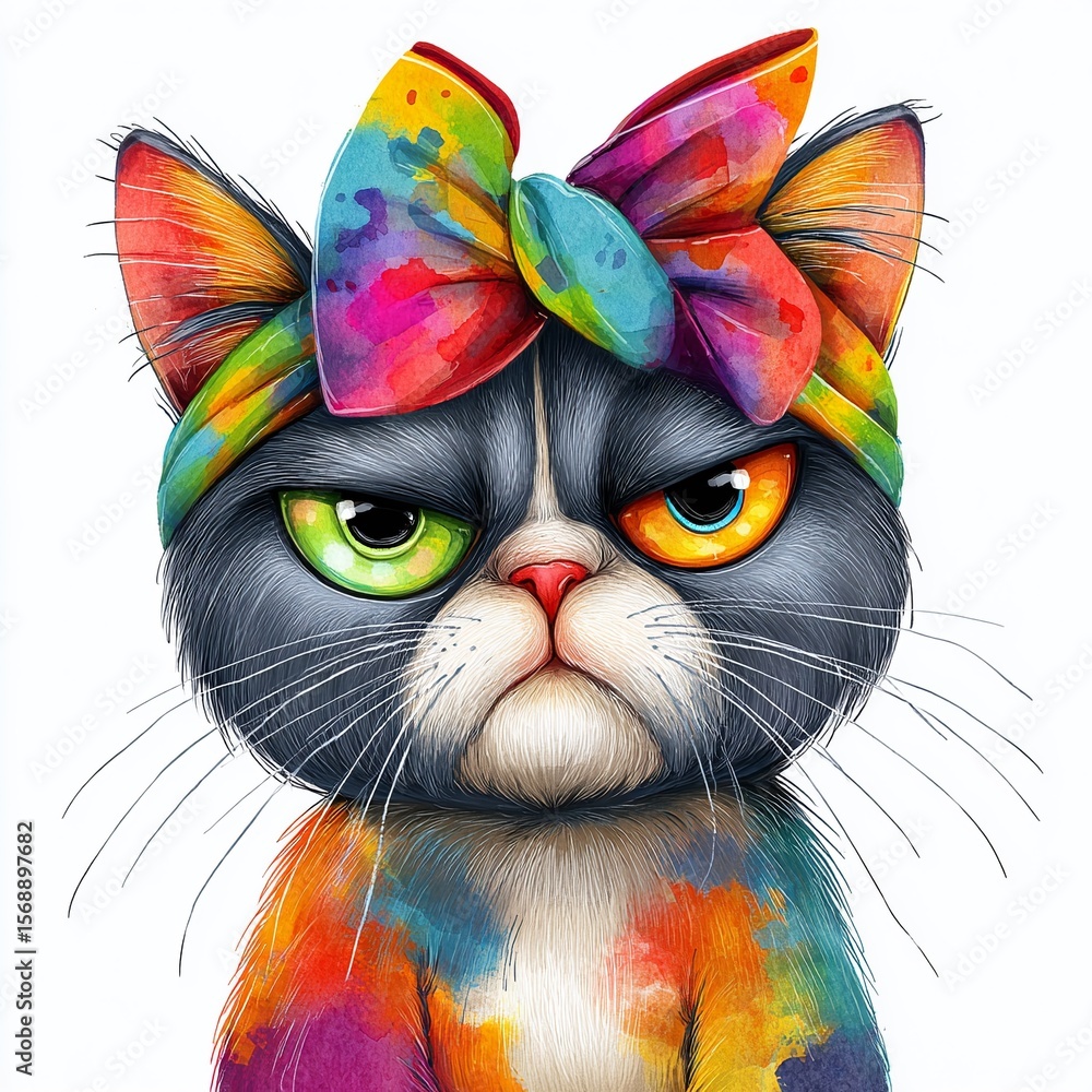 Fototapeta Grumpy Kitten in Rainbow Bow Glares Intently at Reflection A Feline Fashion Statement with a Touch of Melancholy