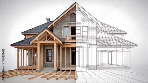 wooden house with wooden roof with blue print view