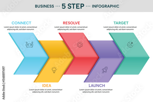 Zigzag Arrow Shape Infographic Template With 5 Options, Steps, Parts, Segments. Vector Illustration For Business Financial Report.