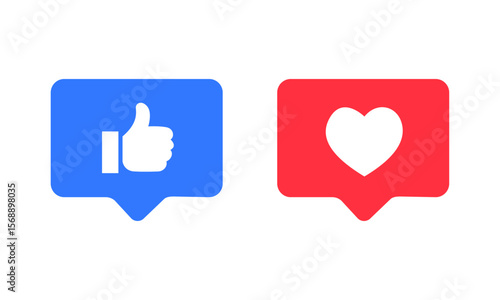 Thumbs up and heart emoji reaction icon. 3D speech bubble style like and love buttons for social media notification, posts, and chats emoji post reactions set. Vector Illustration.