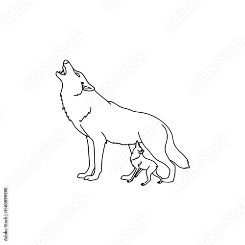 Line art of adult wolf howling with cub beneath baby wolf