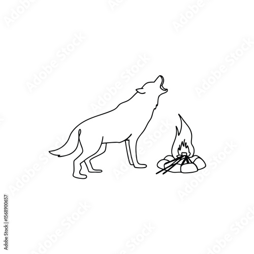 Line art wolf howling at campfire night