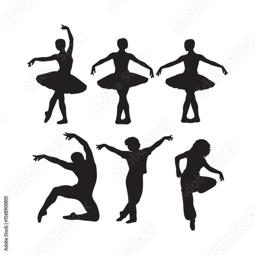 Six Black Silhouettes of Dancers in Various Poses Against a White Background Three Ballerinas in Tutus Two Modern Dancers One Hip Hop Dancer