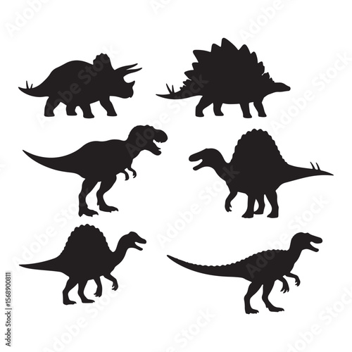 Six Black Silhouettes of Different Dinosaurs on White Background Triceratops Stegosaurus Tyrannosaurus Rex Spinosaurus Parasaurolophus Velociraptor Prehistoric